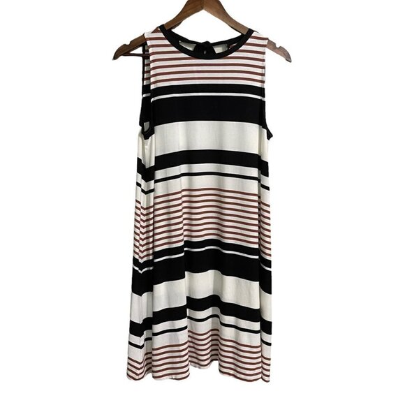 LOFT Women's Black White Striped Sleeveless Tie Keyhole Back Shift Dress Medium - Picture 1 of 5